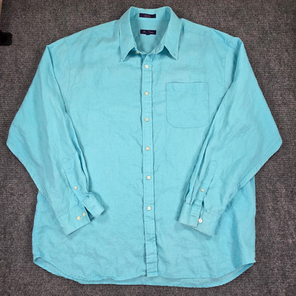Alan Flusser Mens XXL Linen Button Down Shirt Turquoise Blue Long Sleeve Pocket